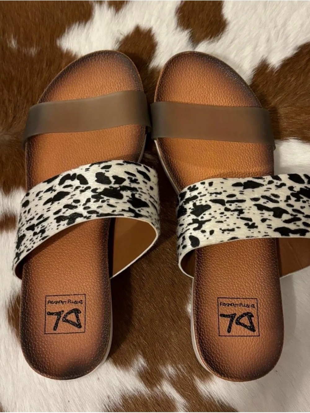 Dirty Laundry Brown Footbed Slide Sandals with Black-and-White Cow Print Strap